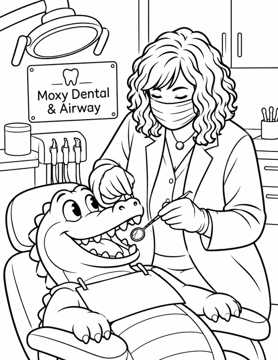 A friendly imaginary alligator opens its mouth for a dental mirror; one tooth receives attention, with tools and hands drawn coherently. Intentionally use the selected dental worker from reference 1 for broad hair, mask and working-posture cues only.