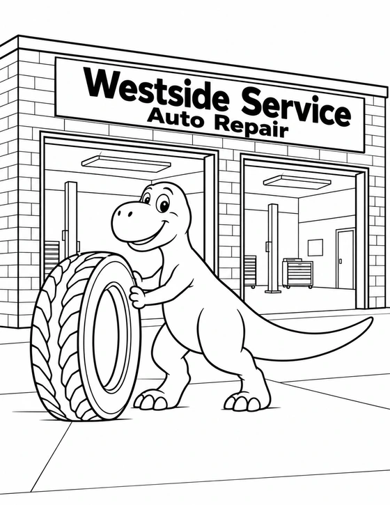 A friendly dinosaur rolls a large tire outside the two bays of a simplified Westside Service shop.