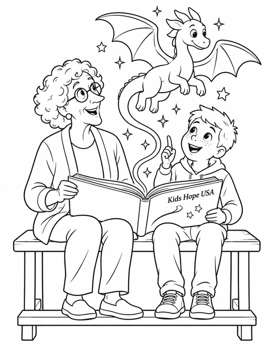 An older mentor and boy discover a friendly dragon emerging from their storybook.