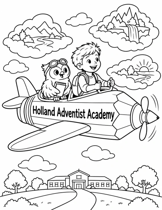 A child and a cheerful owl fly a giant pencil airplane toward the school, turning the trip to class into an imaginative arrival.