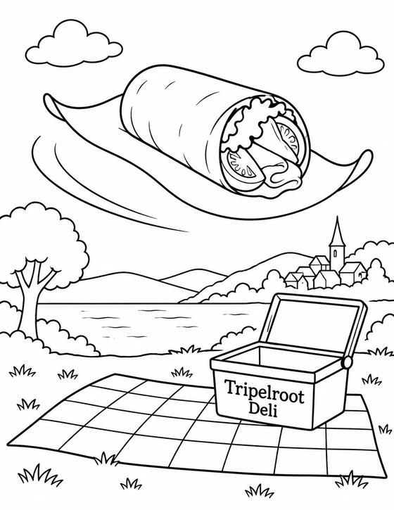A deli wrap flies on a tortilla carpet toward an open picnic basket beside an imagined lake.