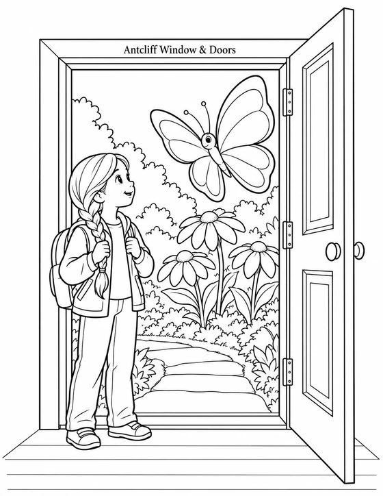 A girl discovers a giant butterfly garden through an open doorway.