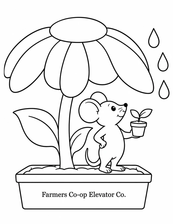 A mouse carrying a seedling shelters beneath a giant sunflower rooted in a named planter.