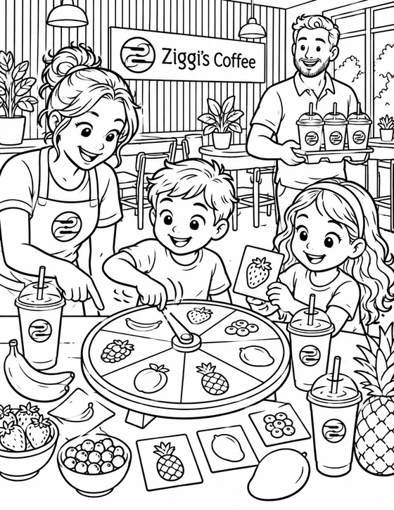 Children and adults explore a playful drink-and-pastry flavor wheel at Ziggi’s Coffee.