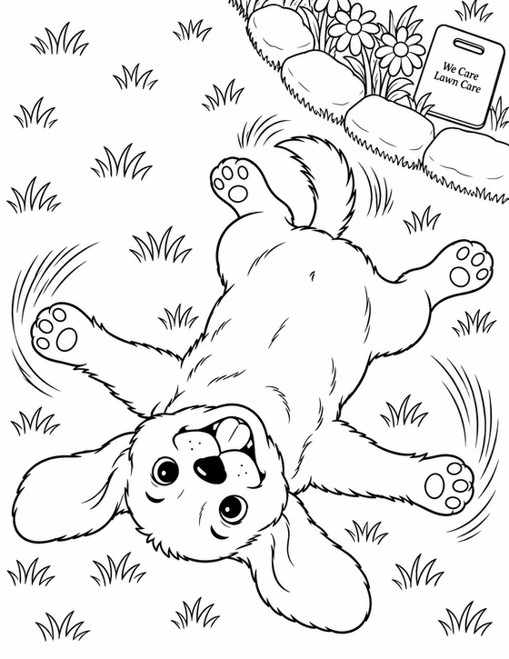 A top-down puppy is surrounded by flowers, butterflies, a rake and a lawn-care worker.