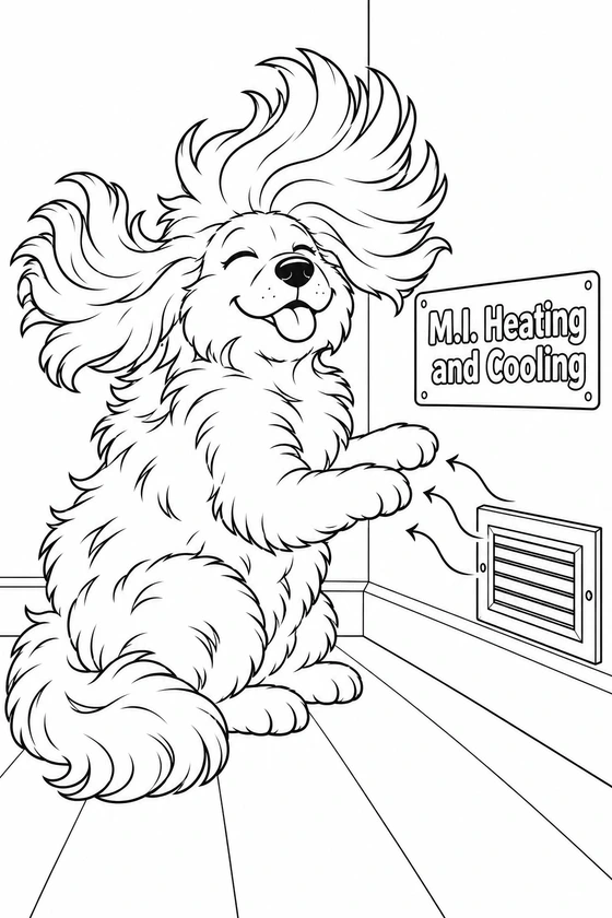 Side-on shaggy dog warms only its outstretched front paws at a flush wall heating vent.