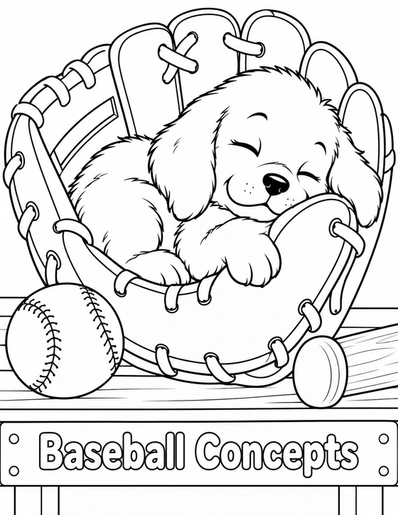 A floppy-eared puppy sleeps curled in a baseball mitt on a dugout bench.