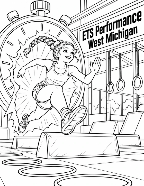 A teen athlete bursts through a giant stopwatch portal into a playful obstacle course of rings and soft hurdles.