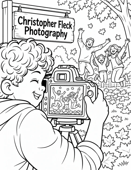 A child photographer peers through an oversized camera viewfinder that frames a family mid-jump among autumn leaves.