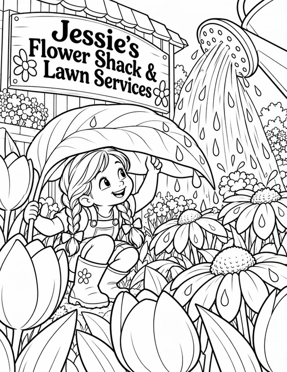 A child gardener shelters beneath a giant leaf as an oversized watering can creates a gentle waterfall over rows of flowers.