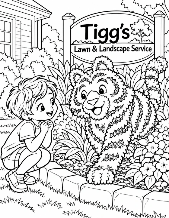 A child discovers a friendly tiger-shaped topiary stepping out from a freshly landscaped garden bed.