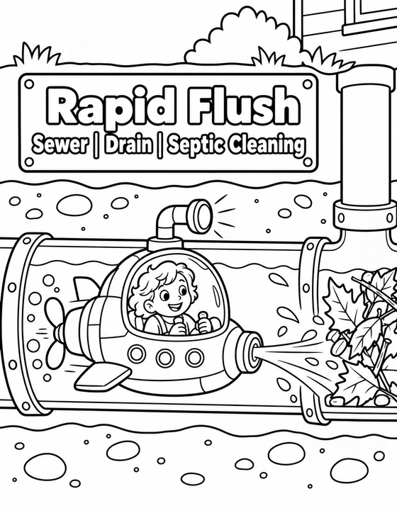 A child imagines a tiny maintenance submarine traveling through one clear oversized drain pipe toward a leaf clog.