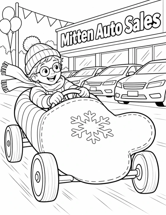 A child test-drives a whimsical soapbox car shaped like a winter mitten past a row of ordinary dealership cars.