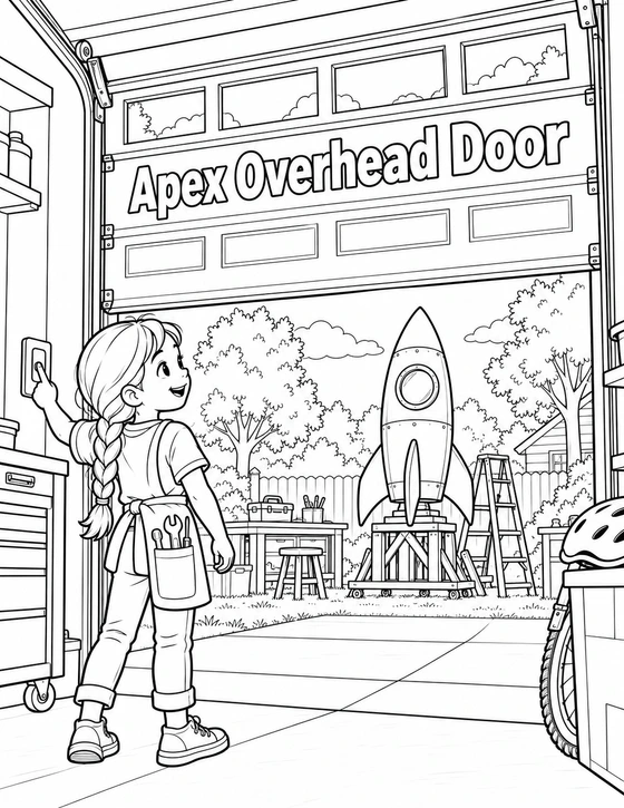 A child presses a wall button as a recognizable overhead garage door rises to reveal a backyard rocket workshop beyond.
