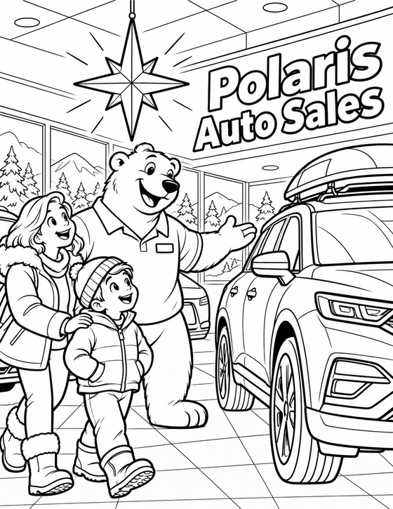 A friendly polar bear salesperson uses a hanging north star to guide a family toward one car ready for a winter trip.