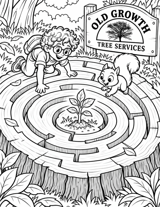 A child explorer and squirrel follow the rings of a giant tree-stump maze toward a newly planted sapling.