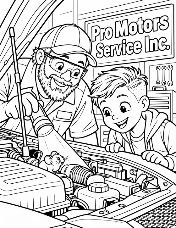A mechanic and child detective use one flashlight to find a tiny squeaking mouse beside an open car engine.