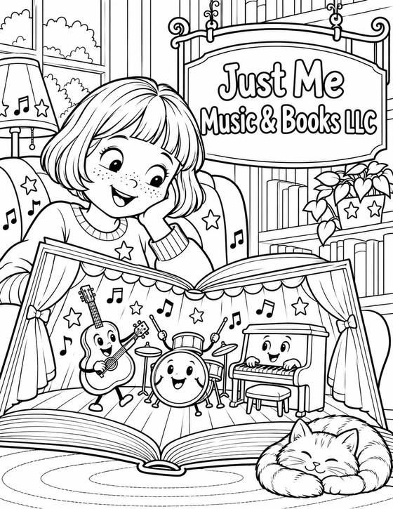 An open book unfolds into a tiny stage where friendly instruments play as a child reads from a cushioned chair.