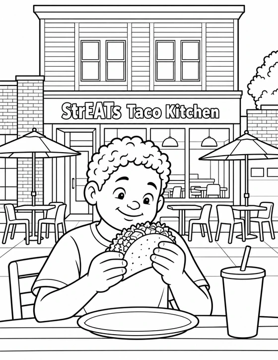 A child holds a generously filled taco with both hands over a plate; food and hand placement are the focus, with a small amused expression.