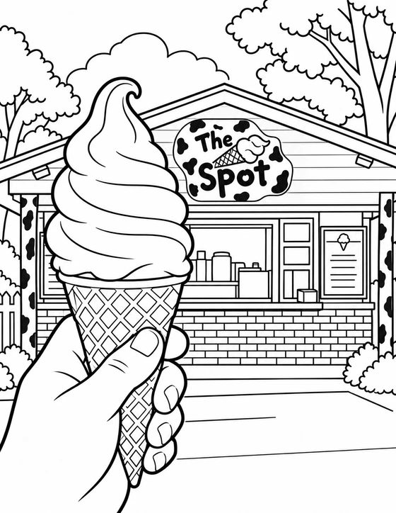 A large hand-held soft-serve cone fills the foreground with a verified piece of the shop facade behind; the cone silhouette and actual local setting do the work.