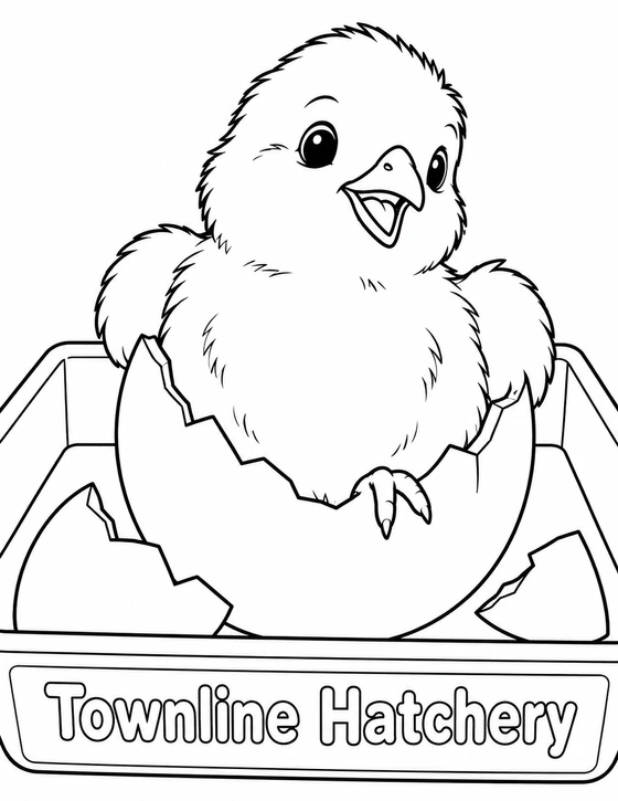 A newly hatched chick peeks proudly from one broad broken eggshell in an imagined shallow hatchery tray. Make the chick and shell very large and expressive, with a rounded body, small coherent beak, two small wings and a few broad shell pieces. Use the first photograph only for young chick proportions and the tray context. Keep clear baby-chick proportions: no adult comb, wattles or heavy body. One foot may emerge at the shell edge with clear attachment; avoid tiny feather texture. Put 'Townline Hatchery' once on the broad front lip of the imagined tray. Keep nearly all the page in a few large white shapes. This is a playful animal portrait, not a public hatchery tour or a depiction of egg sales.