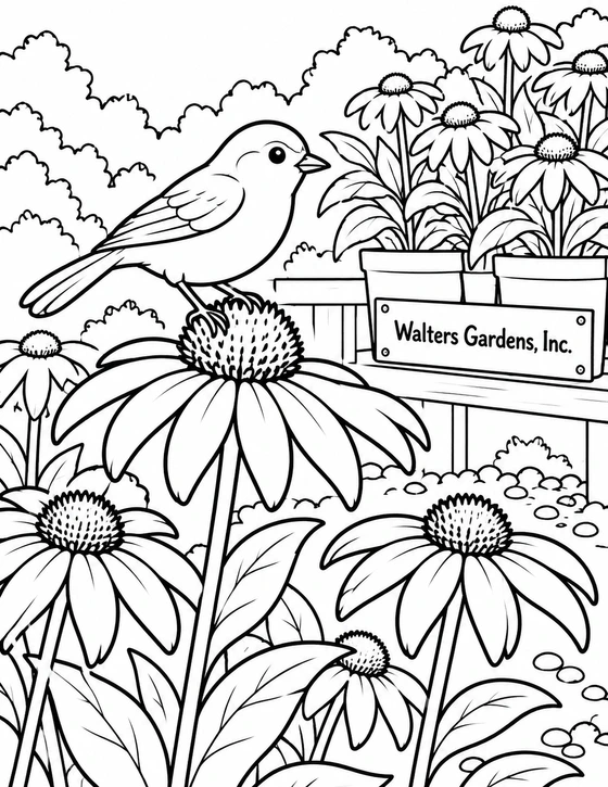 A bird perches beside a large coneflower head; real plant form and a clear perch create the scene.