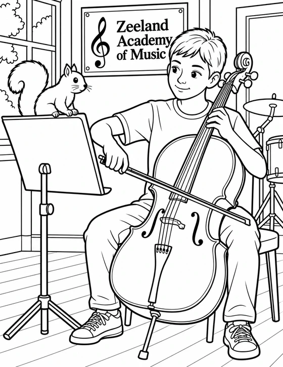 A close view of a young cello student bowing one broad string while a squirrel sits on the music stand, listening; instrument and bow placement remain correct.