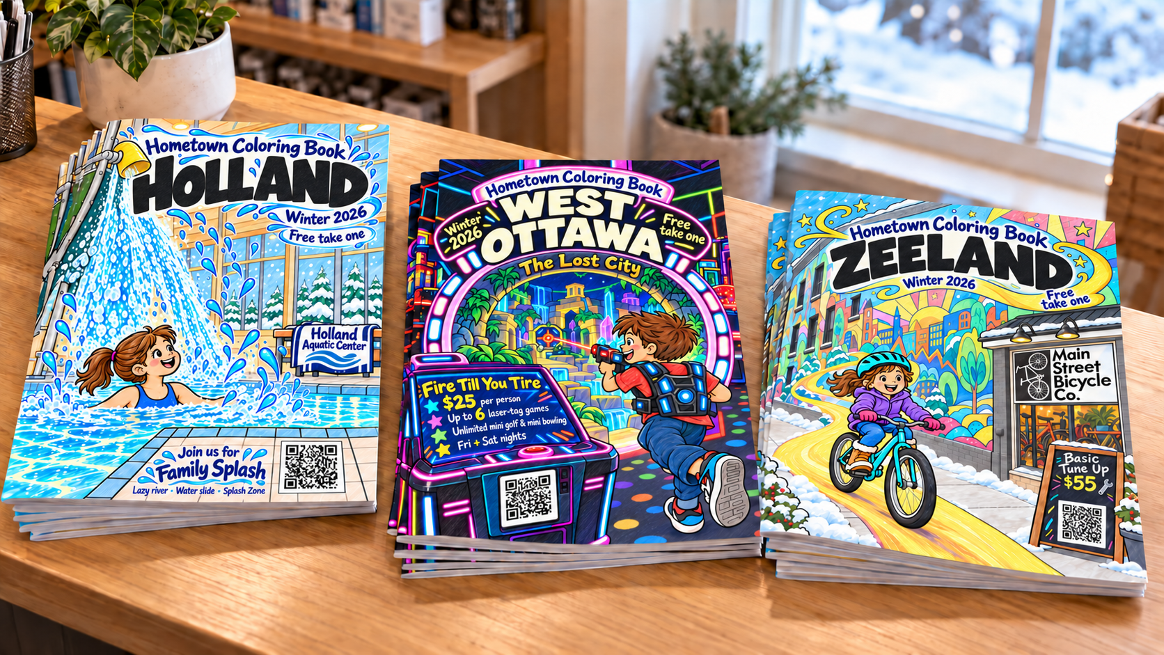 Mockup of Holland, West Ottawa, and Zeeland coloring books stacked on a shop counter